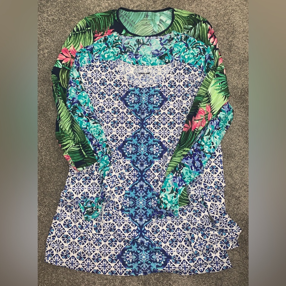 3 Lands' End Tropical, Blue Camouflage and Paisley Print long sleeve Swimtops